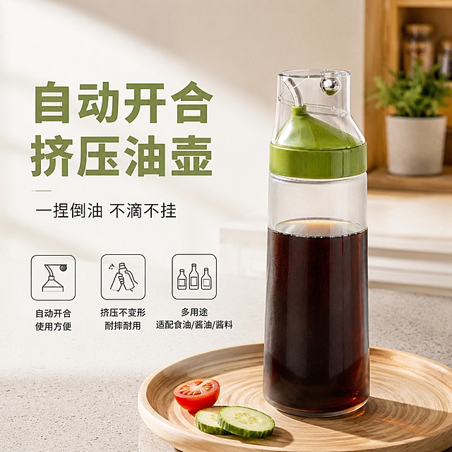 [单张主图]自动开合挤压油壶 高级氛围感真实使用场景主图，同时突出产品卖点：自动开合方便、一捏即可倒油，挤压不变形、不滴不挂油，适配多种常用调料。
[参考比对] 无参考图，按单张高级感真实使用场景版式生成。
[画面主体] 画面主体为油壶，保持油壶外观（即物理结构、材质质感、颜色：透明磨砂瓶身+绿色瓶盖+透明导油盖）与输入产品图保持绝对一致，杜绝任何变形和色差，精细化处理。油壶居中放大展示，瓶内灌入半瓶浅棕色酱油，突出瓶体和调料的真实质感。商品主体占比严格控制在60%-70%之间。
[构图版式] 采用真实使用场景型版式，产品置于右侧居中放大展示，左侧放置主标题和副文案，底部放置3个线图标卖点，背景为整洁干净的现代厨房台面场景。文字均放置自然留白区域，不遮挡产品主体。
[场景元素] 背景为明亮整洁的现代厨房场景，浅灰色石英石台面，后方是米白色墙面搭配柔和斜射自然光，左侧留出文字空白区域。油壶放置在浅原木色圆形餐垫上，旁侧点缀小半颗番茄和两片黄瓜，丰富画面层次，不抢主体。背景适度虚化，突出油壶主体。
[文案版式] 左侧留白区域，从上到下排版：
大号主标题：自动开合挤压油壶 浅绿色粗体无衬线；
小号副文案：一捏倒油 不滴不挂 约为标题一半大小；
底部三个线稿圆角图标，水平排列，每个图标配短句卖点：
第一个图标卖点：自动开合 使用方便；
第二个图标卖点：挤压不变形 耐摔耐用；
第三个图标卖点：多用途 适配食油/酱油/酱料；
文字颜色为深灰，与浅色背景形成强对比，字体均为现代无衬线，字重对比清晰。
[光影质感] 主光为窗户斜射入的柔和自然光，从左侧照亮油壶左侧和瓶身，突出透明磨砂瓶体的通透质感，右侧墙面形成柔和的油壶投影；辅光为台面漫反射，提亮暗部，保留自然明暗层次，通透不灰蒙，瓶身酱油有自然反光，整体真实通透，商业摄影质感，产品清晰细腻。
[配色字体] 主色为米白浅灰厨房底色，辅色提取产品的绿色作为强调色，字体均为现代细无衬线，字重对比清晰，主标题加粗放大，辅助文案轻量化。
[比例分辨率] 1:1比例，2048*2048分辨率，文字清晰可辨，超高清商业摄影质感。
[负向提示词] 变形，文字错乱，产品图模糊，背景杂乱，水印，电商平台Logo，错字，主体遮挡，畸形瓶身，调料不真实，场景混乱。
