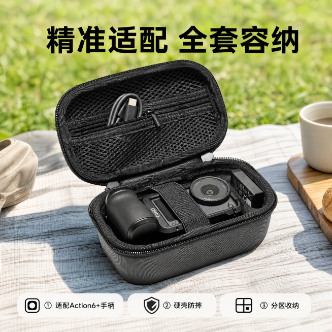 [主图-3 1:1] 户外打开收纳展示，真实户外野餐垫场景。氛围风格：户外实用场景风。画质：商业摄影质感，光线自然通透，保留所有细节，产品清晰真实。元素：收纳包打开放在户外野餐垫上，大疆Action6预览效果