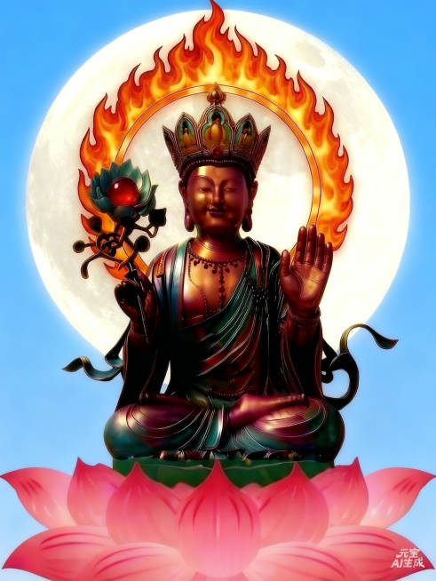 保持佛像、火焰、莲花、天蓝色背景所有内容和位置不变，将圆月再放大三分之一，保持圆形不变预览效果