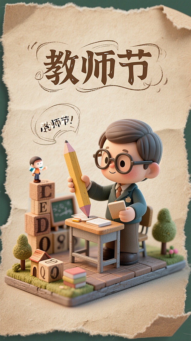 可爱3D卡通风格，微缩艺术风展现教师节温馨场景，撕纸边框增添趣味。
