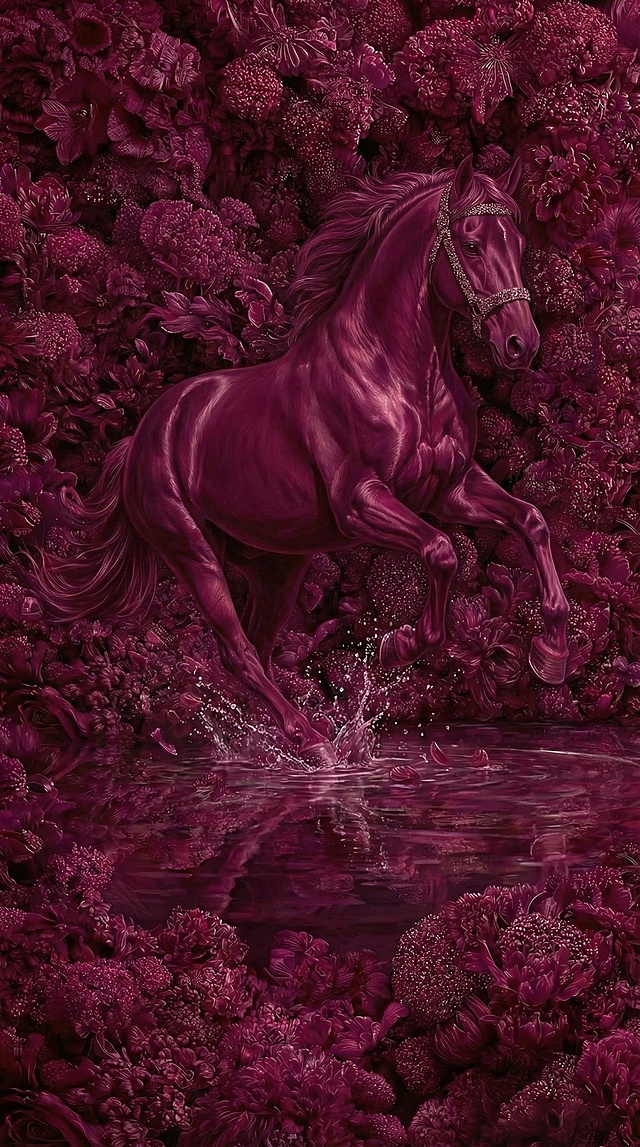 生成5张，不同的马匹的姿态，马匹要呈现出整体，被花团锦簌