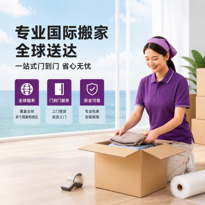 基于原图修改，去除左上角品牌logo，更换为更符合国际搬家主题的清爽背景，保留穿着紫色工服的女性服务人员整理纸箱的主体，调整左侧文案为：主标题"专业国际搬家 全球送达"，副标题"一站式门到门 省心无忧预览效果