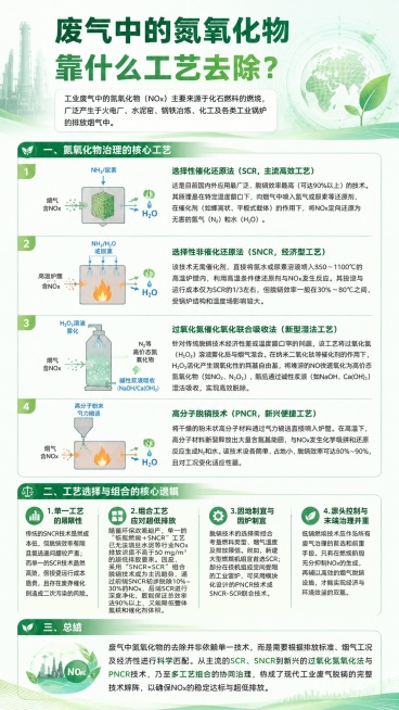 帮我生成一张严肃、简洁的环保科普海报。主色调使用浅绿，色系清透，高科技，体现干净整洁专业。海报核心文案如下，请按层级清晰排版：标题：【废气中的氮氧化物靠什么工艺去除？】
工业废气中的氮氧化物（NOx）预览效果
