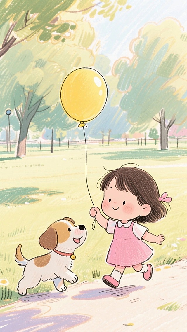 Q版简笔画，可爱的动态小女孩与小狗在互动玩耍，小女孩手拿黄色气球，穿着粉色小裙子，背景是户外，阳光明媚，公园