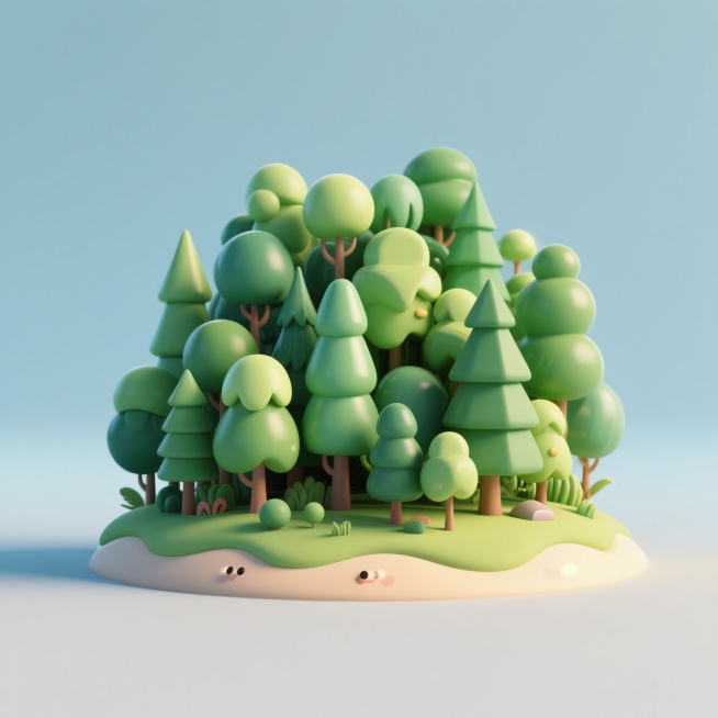 长满茂密绿色树木的小海岛，海岛形状圆润可爱，树木层次分明，有不同高度和形态的树木，整体呈现C4D风格，材质光滑，光影柔和，背景为纯色（如浅蓝色或浅灰色），画面简洁干净，无其他元素预览效果