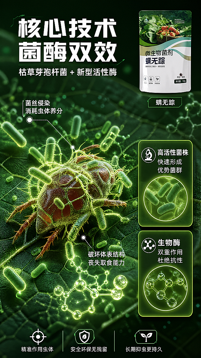 [第4张] 详情页核心技术-菌酶双效防虫机理展示。本张使用【图1】螨无踪产品包装袋作为商品主体（小尺寸露出）。
[氛围/风格] 科技微观视角，半写实半插画，微生物科技感，深绿深蓝色调，专业可信。
[元素布局] 画面中央为草莓叶片局部放大，叶片上一只螨虫害虫被大量杆状微生物（枯草芽孢杆菌）和酶分子粒子包围包裹；螨虫呈僵硬状态被菌丝缠绕；叶片周围有绿色微生物光点与酶分子结构光效；右侧上下叠放两张小说明卡（菌株/活性酶）；画面右上角放置小型螨无踪产品袋；背景为深绿叶片纹理质感与科技光效。
[光影质感] 微生物与酶分子有荧光自发光效果，叶片纹理清晰，螨虫形态真实但不过度恐怖，暗背景突出荧光。
[配色色系] 全局底色 #1B5E20（深绿）到 #0D47A1（深蓝）渐变；主色荧光绿 #7CB342；辅助色叶片深绿、螨虫暗红、微生物光点、白色文字。
[视角构图] 中心特写+右侧信息卡构图，阅读动线从顶部标题 → 中央机理 → 右侧说明卡。
[文字版式] 顶部主标题「核心技术 菌酶双效」，副标题「枯草芽孢杆菌 + 新型活性酶」，白色粗黑体居中；叶片螨虫处引线标注「菌丝侵染 消耗虫体养分」；酶分子处引线标注「破坏体表结构 丧失取食能力」；右侧两张说明卡写：「高活性菌株 快速形成优势菌群」「生物酶 双重作用杜绝抗性」；右下角产品袋旁标注「螨无踪」；文字清晰不遮挡机理。
[比例分辨率] 9:16 竖版比例，4K 分辨率，文字清晰可辨，高清画质。
[负向提示词] 文字错乱，水印，螨虫形态过度恐怖恶心，叶片变形，袋身变形，画面模糊，颜色偏差。