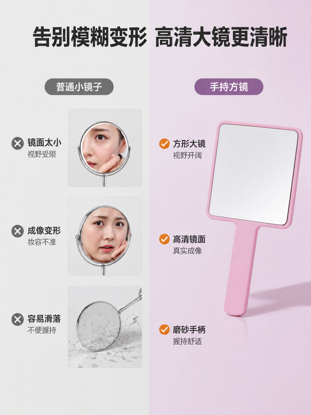 [详情页-2 痛点与解决] [商品] 使用图2粉色手持化妆镜镜… - 图片创意预览