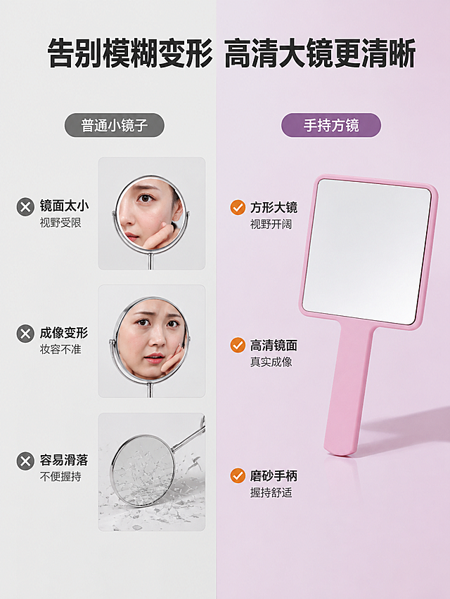 [详情页-2 痛点与解决]
[商品] 使用图2粉色手持化妆镜镜面图；保留产品原始结构、颜色、材质、镜面、手柄，不改变外观。
[画面] 页面目标：展示普通小镜子成像模糊易变形 vs 手持方镜高清大镜面的对比。左右分栏对比型构图，左侧为痛点场景（小圆镜视野小、成像变形、容易摔碎的示意），右侧为解决后状态（方形大镜面、高清不变形、手持方便）。产品放在右侧解决区，占画面40%。背景为左右分色，左浅灰右浅粉紫。
[视觉] 套系策略：风格=国内B端工厂实力风 简洁商务；标题字=粗黑体；正文字=常规黑体；主色=深灰紫；背景延展=左右分色 浅灰与浅粉紫对比 同色系渐变；强调色=暖橙色 用于标签；标题色=深炭灰；正文色=中灰色；组件=对比分栏 痛点图标 对勾叉号标识；光影=柔和侧光 产品自然融入场景。
[文字] 顶部大标题「告别模糊变形 高清大镜更清晰」。左侧痛点区三个痛点：镜面太小 视野受限 / 成像变形 妆容不准 / 容易滑落 不便握持。右侧解决区三个卖点：方形大镜 视野开阔 / 高清镜面 真实成像 / 磨砂手柄 握持舒适。所有文字中文简体横排。
[规格] 详情页竖版比例3:4，负向：变形、错字、模糊、杂乱、水印、平台Logo、绝对化用语、夸张恐吓。