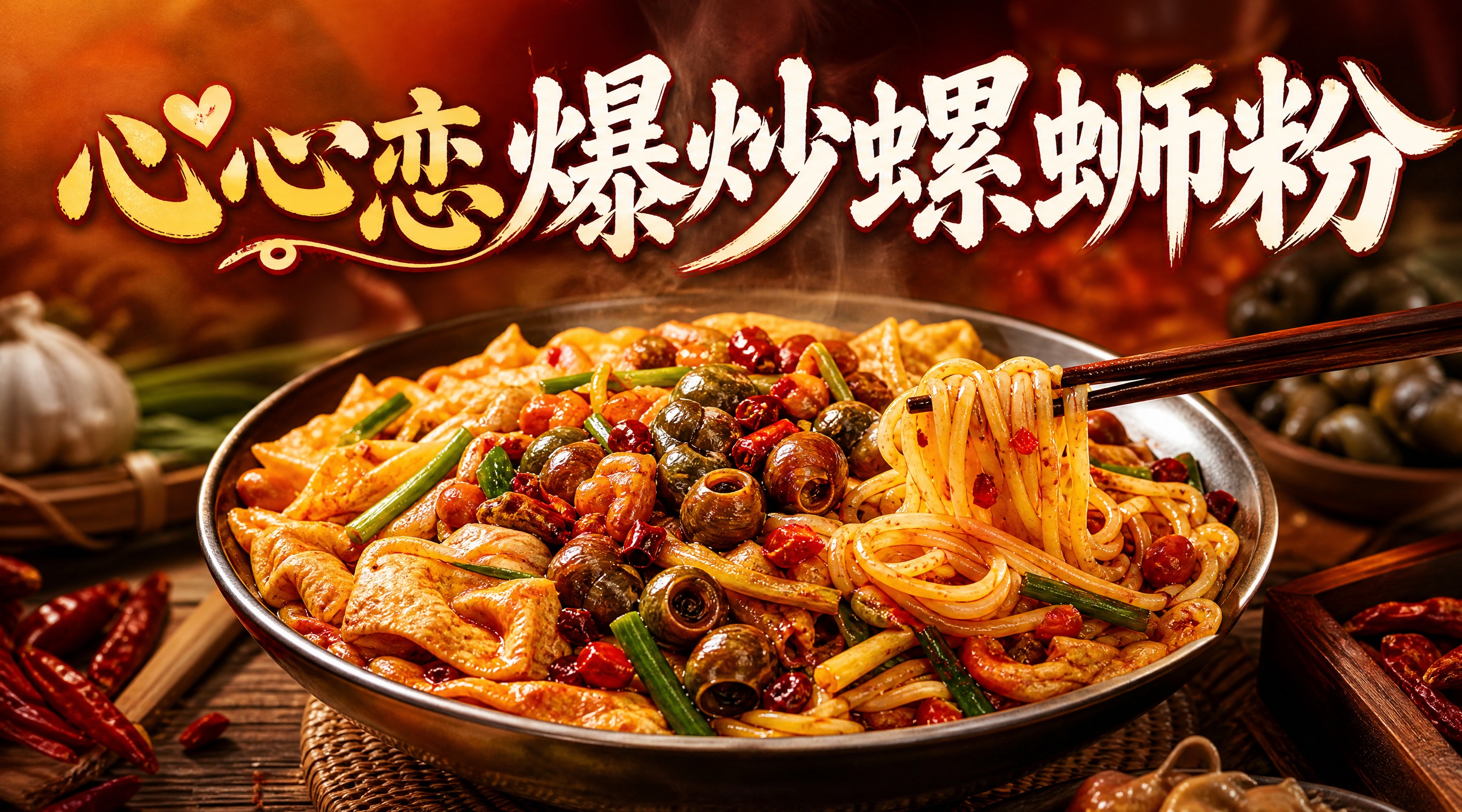 螺蛳粉店铺店招设计，写真风格，横幅构图，中央是一碗热气腾腾的爆… - 图片创意预览