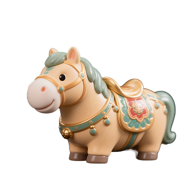 一只像唐三彩的胖马，可爱，陶瓷材质。黑色背景