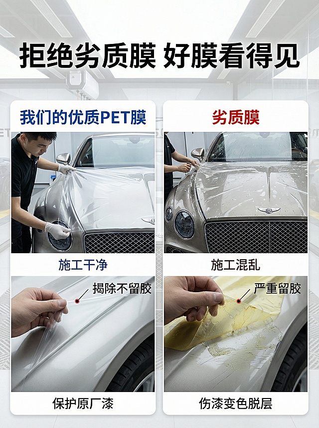 [主图 4：好膜vs劣质膜对比] 对比图，左右分屏设计，干净商务背景。左侧为"我们的优质PET膜"，展示干净施工、揭除不留胶不伤漆；右侧为"劣质膜"，展示留胶伤漆、易变色脱层。主标题 "拒绝劣质膜 好膜看得见"，居中上方大字号黑色粗体。左右分区清晰，对比强烈，文字标注清晰，不遮挡画面，说服力强。