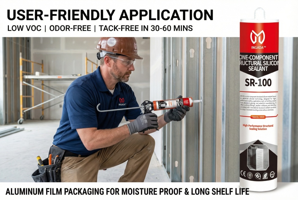 3:2横屏，欧美极简工程纪实风，生活化专业场景排版，大面积留白设计，画面为高清实景的美国商业室内装修施工场景，35-45岁白人男性专业施工人员（身着合规工装、佩戴防护手套），正在使用INGADA SR预览效果