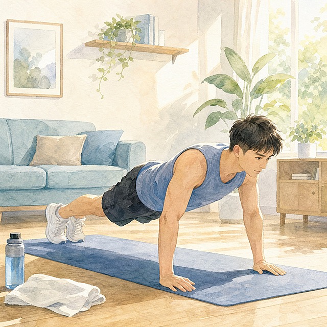 水彩手绘插画风格，控制体重健康主题，一位年轻男士在家中做俯卧撑锻炼，动作标准有力，简约温馨的居家环境，柔和自然的光影效果，低饱和清新配色，画面干净清爽，无任何文字，健康科普小插画风