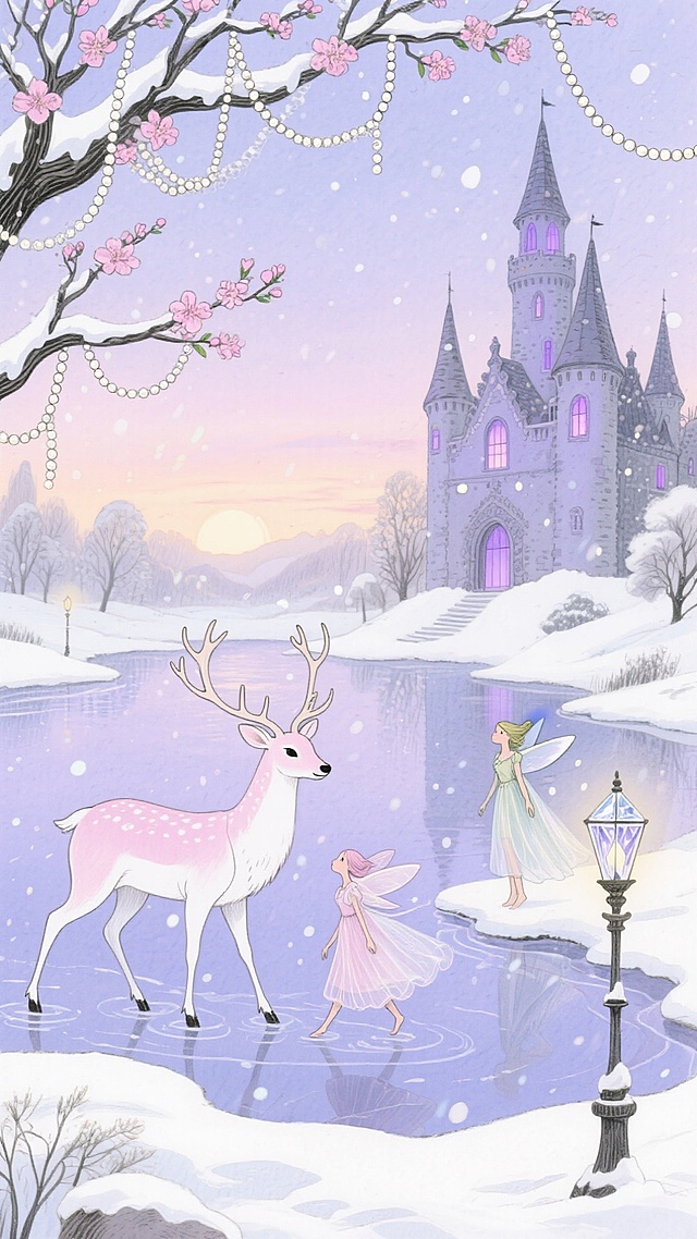 梦幻感插画风，唯美童话场景，樱花雪景中精灵与鹿共舞，哥特城堡辉映，水彩质感与玻璃光效交织，呈现优雅卡通拟人世界。