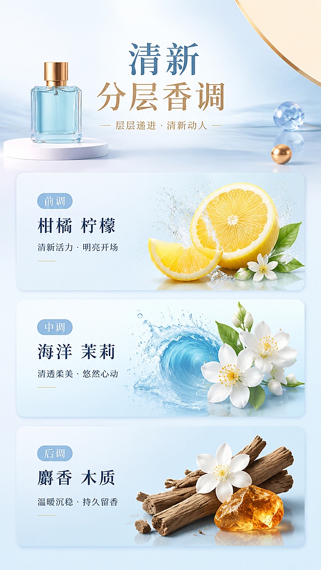 [第2屏] 香调解析屏，美丽香水香调构成展示。本屏使用【图1】商品主体作为参考。
[氛围/风格] 简约高级感，清透干净，艺术化表达，商业插画质感。
[元素布局] 画面中心分三层展示前调、中调、后调香调构成，每个香调区域搭配对应原料小插图；左上方展示迷你版美丽香水瓶，保留原产品颜色和瓶型；各香调区域用淡蓝色渐变分隔，元素占比均匀，每个核心香调原料图占本屏30%以上画面。
[光影质感] 均匀柔和布光，文字清晰突出，色彩干净明快。
[配色色系] 全局底色 #F2F8FC；主色淡蓝渐变；辅助色浅米色底、金色装饰线。
[视角构图] 从上到下通屏排版，信息层级清晰。
[文字版式] 顶部大标题「清新分层香调」，分三行展示：前调「柑橘 柠檬」，中调「海洋 茉莉」，后调「麝香 木质」，每个香调用圆角卡片承载，文字清晰不拥挤。
[比例分辨率] 9:16 竖版比例，4K分辨率，文字清晰可辨，高清画质。
[负向提示词] 产品变形，文字错乱，颜色偏差，构图拥挤，文字模糊