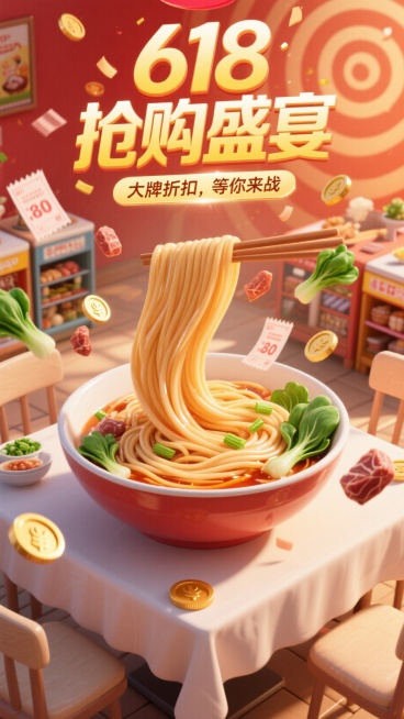 巨大的数字“3”在画面中间，主标题"618抢购盛宴"，副标题"大牌折扣，等你来战“。文字采用渐变金色描边，高光区域使用柔光滤镜增强质感，温馨的餐厅场景，阳光柔和洒落，风格偏向3D卡通渲染，色彩明快且带预览效果