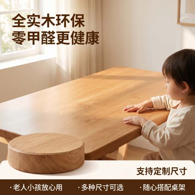 [主图 5] 纯实木桌面板环保材质卖点与规格转化主图。
[氛围风格] 统一家居治愈风，干净简洁信任感；
[画质] 商业摄影质感、光线柔和通透、产品清晰真实、画面干净高级。
[元素] 纯实木桌面板完整摆预览效果