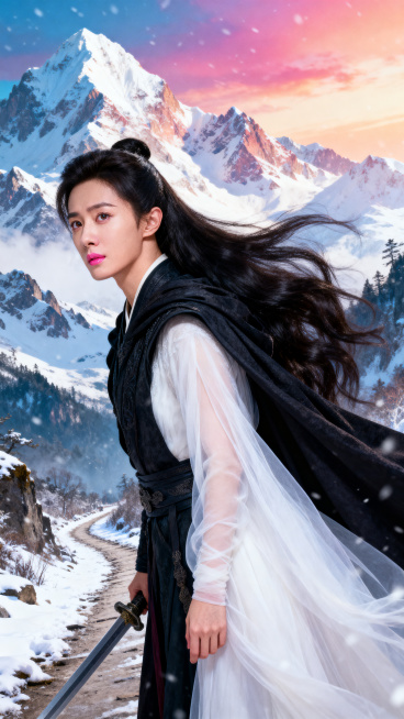 风雪剑影古道开场，封面级东亚美女脸部比例完美自然，眼睛清澈深邃带温柔克制情绪，肌肤白皙通透细腻如瓷带柔和光感，唇色粉嫩水润，轮廓柔美极具吸引力，长发浓密顺滑随风飘动富有层次，身形修长婀娜线条优雅自信，预览效果