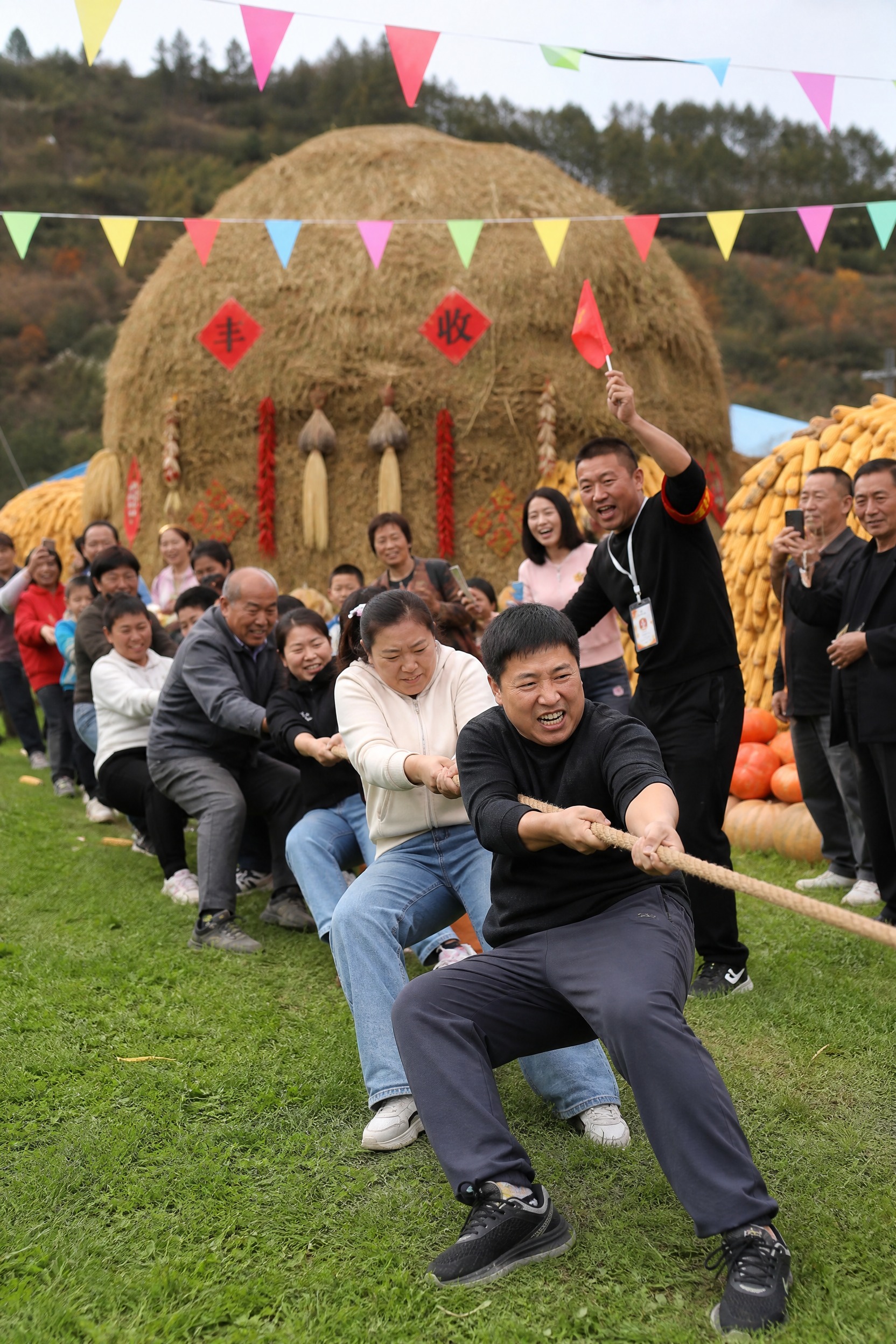 丰收运动会真实人物拔河比赛情景，一群穿着休闲服装的村民在秋日农… - 图片创意预览