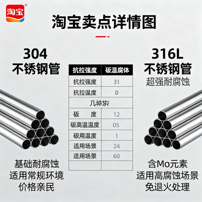 淘宝卖点详情图，理性说服风格，画面分左右两部分，左侧展示304不锈钢管，标注“基础耐腐蚀 适用常规环境 价格亲民”，右侧展示316L不锈钢管，标注“超强耐腐蚀 含Mo元素 适用高腐蚀场景 免退火处理”预览效果