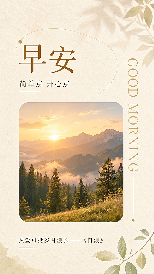 9:16竖版早安日签海报，去掉左上角logo位置，保留参考图的简约文艺排版骨架，整体做差异化创意设计。主标题"早安"，副标题"简单点 开心点"，右侧竖向装饰文字"GOOD MORNING"，中间是圆角风景图框，展示治愈的山间日出风景，底部写文案金句："热爱可抵岁月漫长——《自渡》"。整体浅米纹理背景，配色温暖治愈，文艺简约风格，文字排版清晰可读，版式精美，留白得当，无左上角logo，4K高清画质。