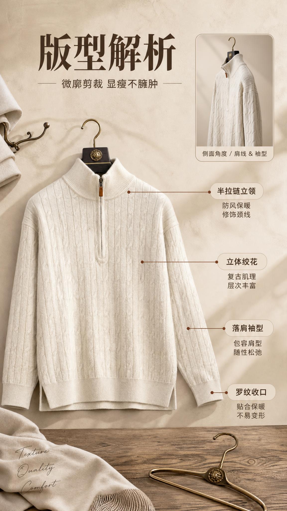 [商品] 使用【图1】米白色半拉链立领绞花针织毛衣；商品处理：… - 图片创意预览