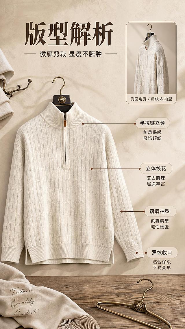[商品] 使用【图1】米白色半拉链立领绞花针织毛衣；商品处理：保留半拉链立领、棕色皮质拉链头、竖条绞花针织纹理、落肩袖、罗纹收口袖口与下摆、侧开衩、米白燕麦色调和整体版型；自然去皱理顺，增强绞花立体感、针织质感和五金光泽，不改变版型、颜色和结构。
[画面] 页面目标：版型与结构解析，多角度展示廓形与关键设计点。竖版9:16构图，主图为毛衣正面全貌，占画面约55%，居中偏左；右侧和下方用引线标注4个关键结构点；右上角叠加1张侧面角度小图展示肩线与袖型；背景为暖米色哑光台面+浅棕木质桌面纹理，搭配折叠米色布料和复古金属衣架做道具，形成3层视觉层次。
[视觉] 套系策略：风格=轻复古通勤杂志画报风；标题字=现代衬线粗体（带轻微复古衬线）；正文字=简洁无衬线体；主色=燕麦米白；背景延展=基于燕麦米白做深浅层级、同色渐变和细腻织物/哑光墙面质感；强调色=焦糖棕，仅用于小面积图标、引线、标签底衬和拉链高光呼应；标题色=深摩卡棕；正文色=暖灰棕；组件=圆角浅米色信息卡、细棕线引线、手写感英文小字；光影=左前侧暖柔光，柔和自然阴影，整体暖调低对比，高级电影感。
[文字] 顶部主标题「版型解析」，副标题「微廓剪裁 显瘦不臃肿」；4个引线标注卖点：「半拉链立领 / 防风保暖 修饰颈线」「立体绞花 / 复古肌理 层次丰富」「落肩袖型 / 包容肩型 随性松弛」「罗纹收口 / 贴合保暖 不易变形」；所有文字横排，标签用浅米色底+深棕字，引线为焦糖棕色细线。
[规格] 图片比例9:16竖版，4K，medium质量，避免变形、错字、文字过小、冷蓝背景、毛衣颜色改变、版型失真、白底孤立。