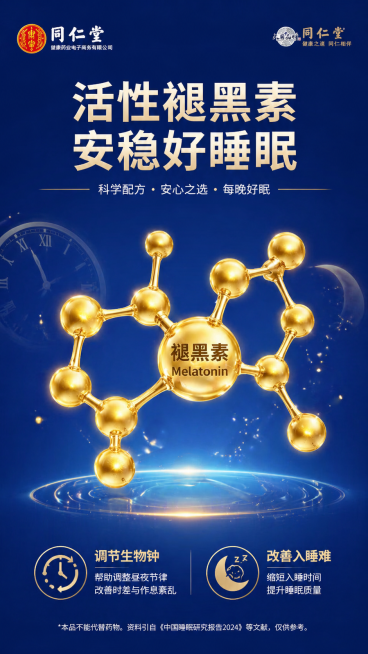 参考模板分子结构风格，生成同仁堂褪黑素分子功效图，深蓝色背景，主标题写"活性褪黑素 安稳好睡眠"，用金色球状分子结构展示褪黑素分子，说明其调节生物钟、改善入睡难的功效，整体高级精致，9:16竖版预览效果