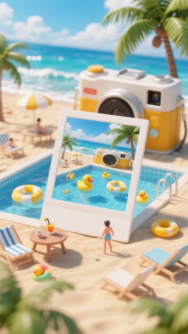 生成一张海报，海报主体是炎炎夏日的沙滩上放这一个巨大的拍立得相机，在相机出来的照片里呈现出以下画面：“夏日泳池的场景，在泳池中有游泳圈个小黄鸭之类的玩具漂浮在泳池中，蓝天白云大晴天，椰树林，海浪，沙滩预览效果