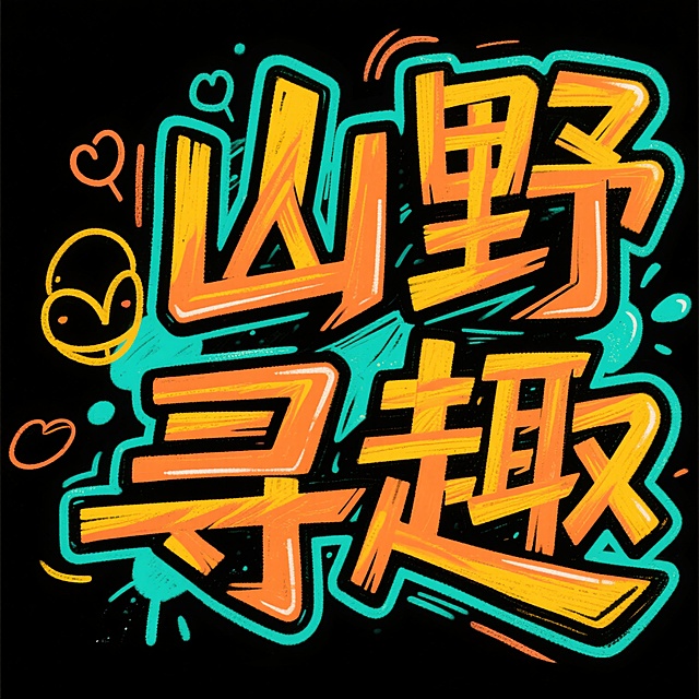 文字是“山野寻趣”,街头涂鸦风格字体,字形刚劲且有力,线条锋利并富有动感,体现出青春与力量的氛围,采用橙黄色与黑色的对比配色,文字轮廓带有鲜明的青色光晕和飞溅效果,突出活力与张力,背景为深色黑色,增强了字形的突出效果,整体呈现出强烈的街头文化氛围,文字排版居中,简洁而富有层次感,突出街舞和年轻文化的主题,