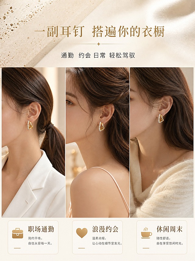 [详情页-5] 925银双层珍珠C形耳钉 多场景搭配展示。
[商品] 使用【图1】【图3】金色925银双层珍珠C形耳钉；每个场景中的耳钉保持外观一致，仅搭配服饰与场景变化。
[画面] 页面目标：展示多种佩戴场景，激发购买欲；构图为三格横向拼图，每格是不同场景的耳侧佩戴特写；左格-职场通勤（白西装+低马尾），中格-浪漫约会（吊带连衣裙+卷发），右格-休闲周末（针织衫+披肩发）；三格背景色调统一为暖米色系，风格协调。
[视觉] 套系策略：风格=高级轻奢珠宝商业摄影；标题字=纤细优雅衬线体；正文字=简洁无衬线体；主色=奶油米白；背景延展=基于奶油米白做深浅层级、洞石/岩板/丝绸质感变化；强调色=香槟金，仅用于小面积标题、引线和标签；标题色=香槟金色；正文色=深棕灰色；组件=细线引线、圆角浅底信息卡；光影=每格都是柔和自然光，耳钉清晰有光泽。
[文字] 顶部主标题"一副耳钉 搭遍你的衣橱"，副标题"通勤 约会 日常 轻松驾驭"；三格下方分别标注"职场通勤""浪漫约会""休闲周末"；文字简洁。
[规格] 图片比例3:4竖版，2K分辨率；负向：变形、错字、模糊、杂乱、水印、平台Logo、礼盒包装、面部扭曲、绝对化用语。