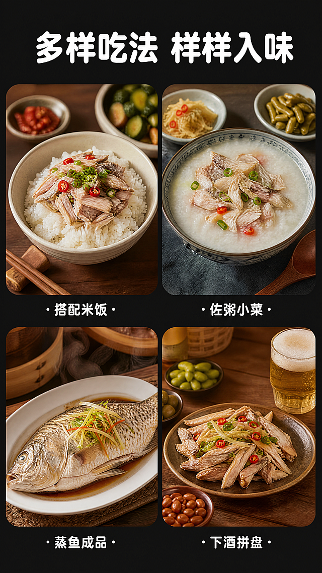 [第5屏] 多种吃法场景展示-腌制臭鲷鱼食用搭配推荐。
[氛围/风格] 家常烟火气，温馨餐桌场景，真实诱人食欲，生活化商业摄影。
[元素布局] 采用2×2四宫格布局，四个圆角场景图，每个格子展示一种吃法：搭配米饭、佐粥小菜、蒸鱼成品、下酒拼盘。【图1】腌制好的罗非鱼作为主产品放在下方右侧蒸鱼成品格子中，保持鱼结构和颜色一致，每个场景都清晰展示成品状态，干净不杂乱。
[光影质感] 整体暖调自然光，每个格子光线均匀，食物清晰，整体明亮温馨有食欲。
[配色色系] 全局底色：#1a1a1a（深黑）；主体配色：食物自然原色；辅助色：#f5f5f5（标题白）+#333333（格子深色）。保持全局底色、字色一致。
[视角构图] 四宫格等分布局，顶部留标题区，四个场景平均分布，错落有致，符合移动端浏览。
[文字版式] 顶部居中大标题「多样吃法 样样入味」，白色圆角粗体，纯色填充，字号为画面宽度 6%-8%；每个场景图下方标注吃法名称，小字白色，清晰不遮挡。本屏延续圆角黑体标题字形，字色仅白色一种，纯色填充。
[比例分辨率] 9:16 竖版比例，4K 分辨率，文字清晰可辨，超高清。
[负向提示词] 鱼身变形，结构错误，颜色偏差，文字模糊，格子混乱，食物变质观感