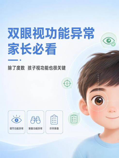 [单张小红书主图] 儿童双眼视功能异常科普主题，选择左文右物场景型高级氛围感主图路线，目标是做一张清晰易懂的医疗科普封面。
[构图版式] 采用左文右物场景型版式，左侧大面积留白放文字，右侧展示产品化科预览效果
