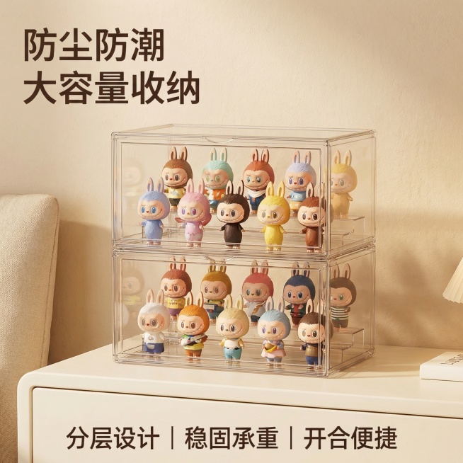 生成适用于京东平台的盲盒收纳展示盒主图，1:1比例，2K分辨率，温馨治愈家居风，柔和暖光，透明双层收纳盒居中，摆放labubu盲盒，背景为奶白桌面和米色墙面，左上角文字‘防尘防潮 大容量收纳’，底部文预览效果