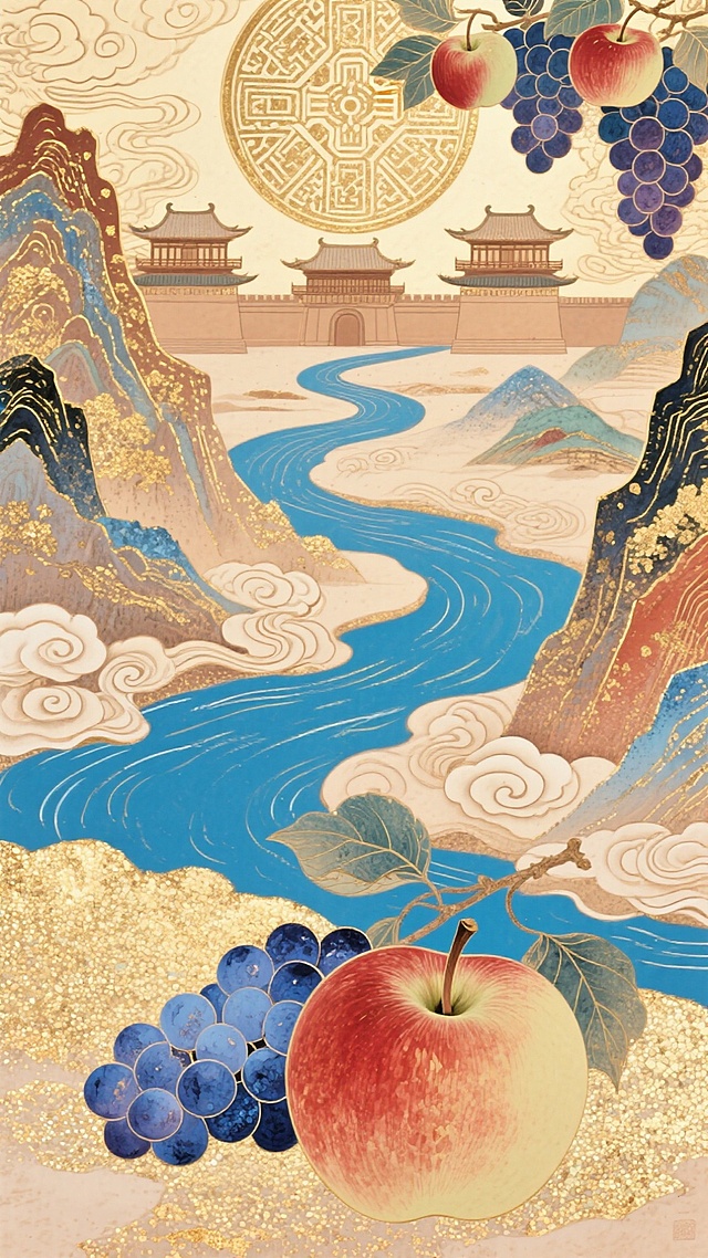 工笔风与国潮风融合，鎏金岩彩点缀山水楼阁，重拟物的果实饱满生动，古典奢华中透出唯美优雅，寓意祥瑞丰年。