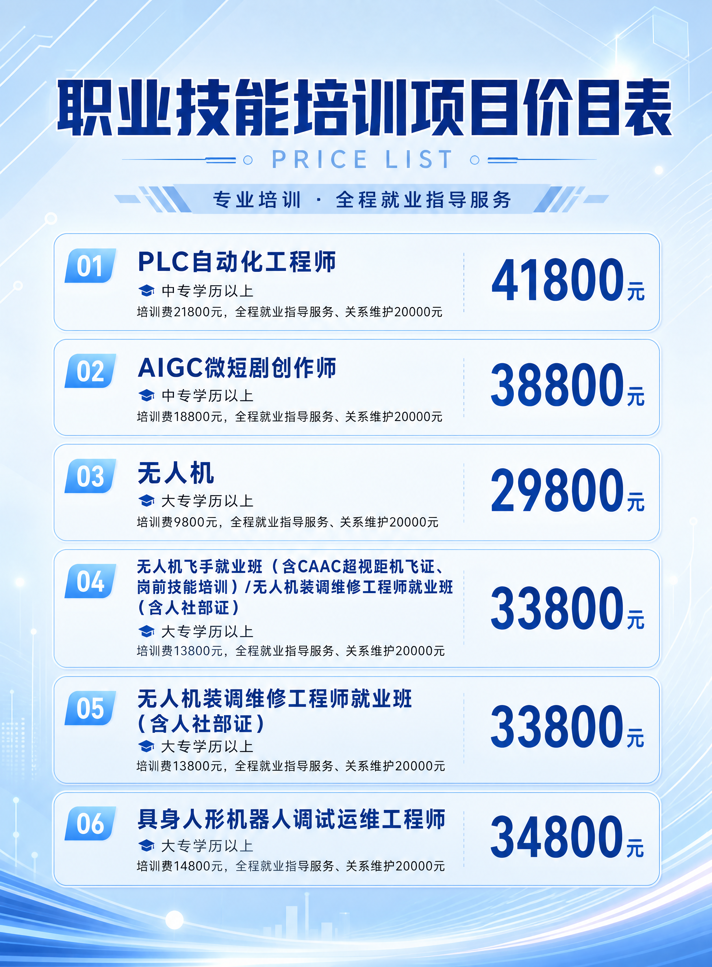 竖版职业技能培训价目表海报，天蓝色渐变底色，艺术设计感，现代简… - 图片创意预览