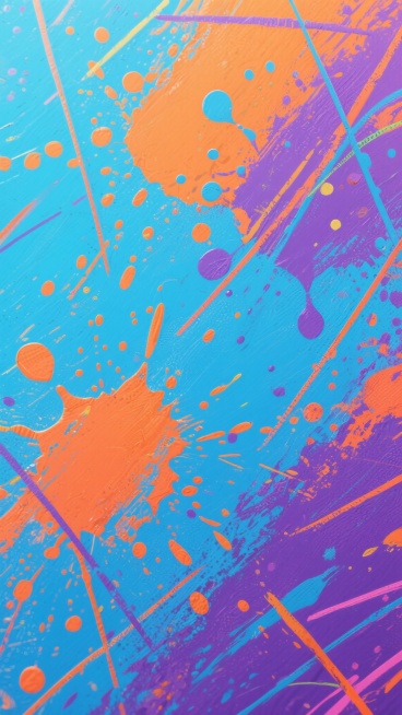 一幅具有强烈艺术感的抽象纹理背景图，整体呈现出类似现代艺术风格的笔触质感，画面中布满了不规则的彩色喷溅和线条纹路，主色调采用了鲜艳的蓝色、活力的橙色和沉稳的紫色相互交织，形成和谐而富有冲击力的色彩搭配。光线以均匀的方式照射在整个画面上，使得各种色彩的喷溅和线条都清晰可见，没有明显的阴影和高光对比。纹理中的喷溅形状大小不一，有的呈点状，有的呈块状，线条则有长有短、有粗有细，随机而又富有韵律地分布……预览效果