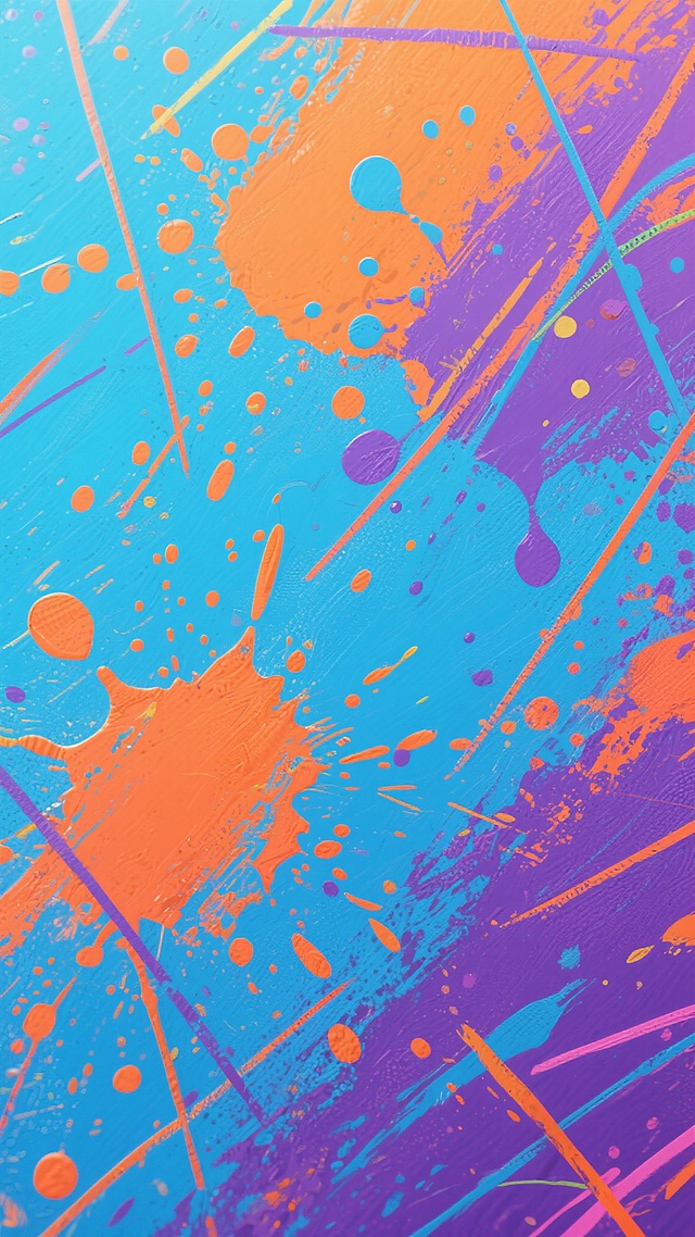 一幅具有强烈艺术感的抽象纹理背景图，整体呈现出类似现代艺术风格的笔触质感，画面中布满了不规则的彩色喷溅和线条纹路，主色调采用了鲜艳的蓝色、活力的橙色和沉稳的紫色相互交织，形成和谐而富有冲击力的色彩搭配。光线以均匀的方式照射在整个画面上，使得各种色彩的喷溅和线条都清晰可见，没有明显的阴影和高光对比。纹理中的喷溅形状大小不一，有的呈点状，有的呈块状，线条则有长有短、有粗有细，随机而又富有韵律地分布在整个画面中，营造出一种随性、自由而又充满动感的氛围。整体构图饱满，纹理元素在画面中均匀分布，没有明显的视觉焦点，给人一种整体统一又不失细节变化的视觉感受，适合作为各种创意设计的背景素材。