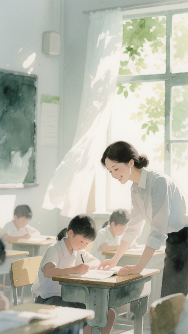 阳光明媚的教室，一位面带和蔼微笑的女教师正在耐心地俯身指导一名学生做功课，窗外是绿色的树叶。柔和的逆光，温暖的光晕，电影感镜头，超真实摄影，8K分辨率。预览效果