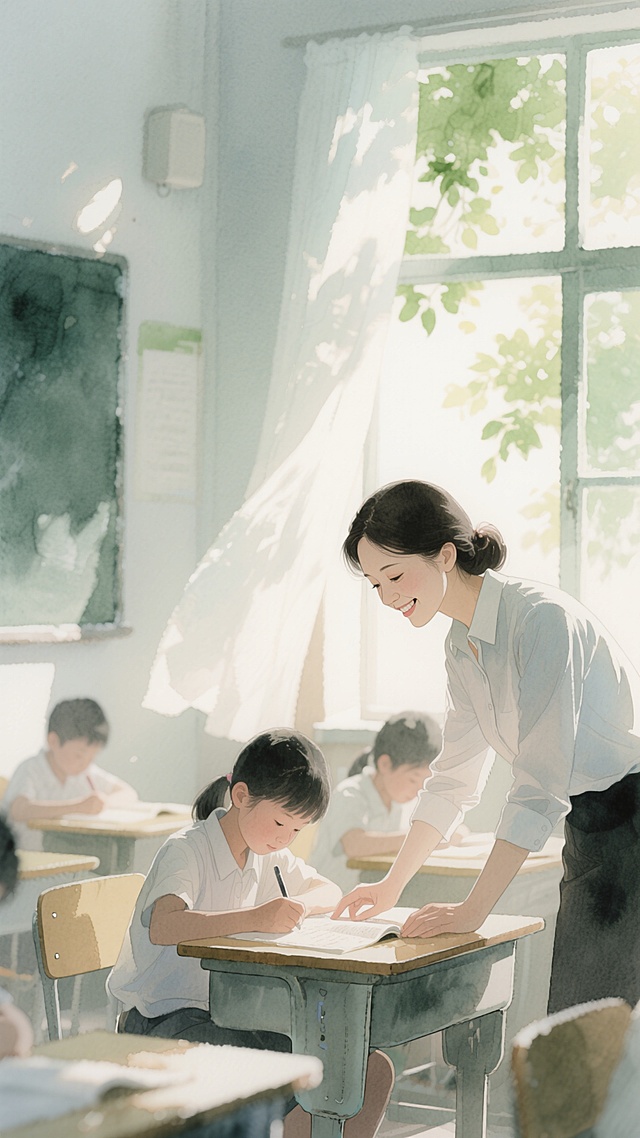水彩风插画，清新柔和的教室场景，老师温柔指导学生，营造舒适温馨的学习氛围。