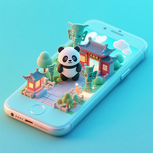 软3D风格的微缩艺术场景，熊猫与传统建筑在手机屏幕上梦幻呈现，融合科技感与卡通感，清新柔和，充满可爱气息。