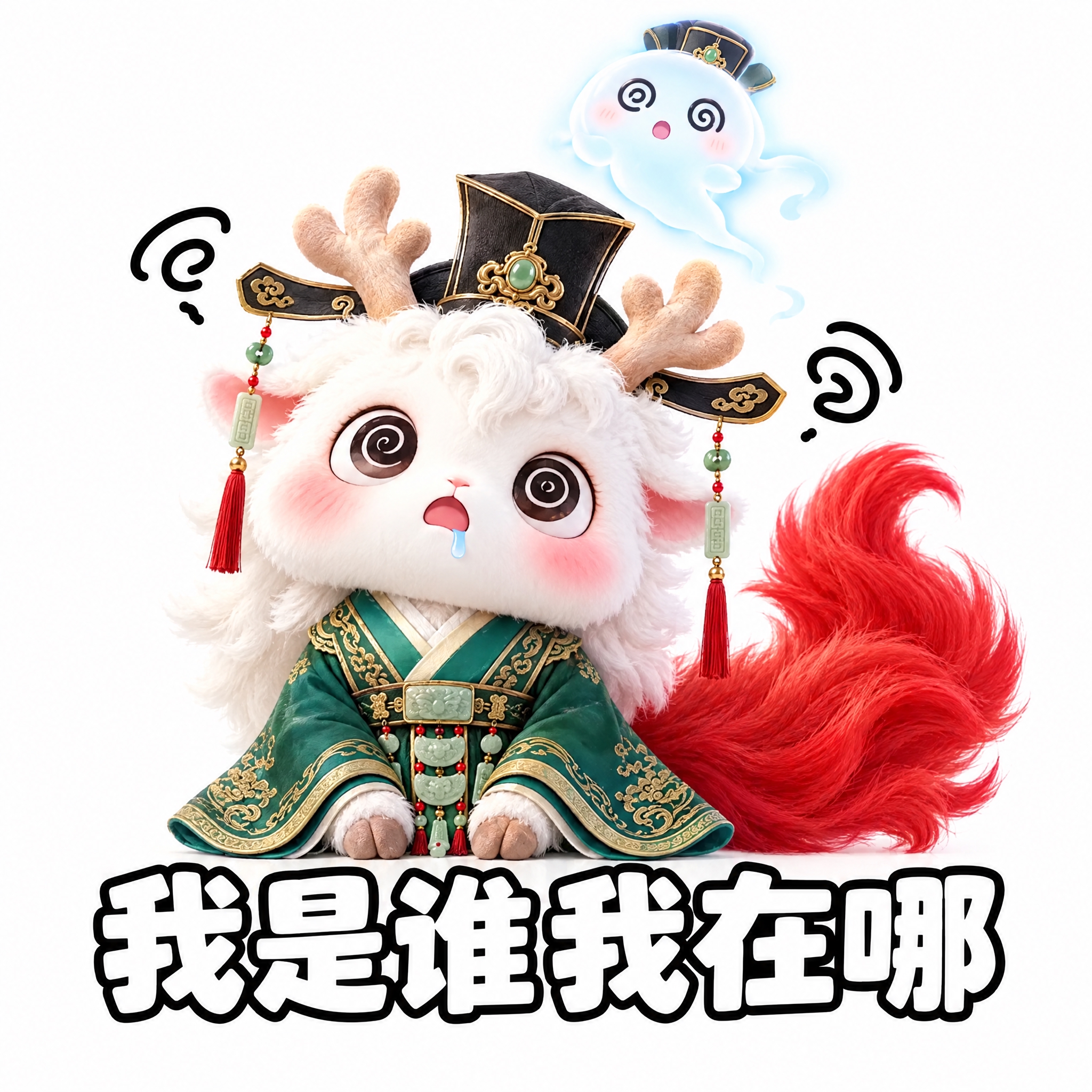 参考图中的白色鹿角神兽（穿绿色汉服、戴黑色官帽、红色尾巴），做… - 图片创意预览
