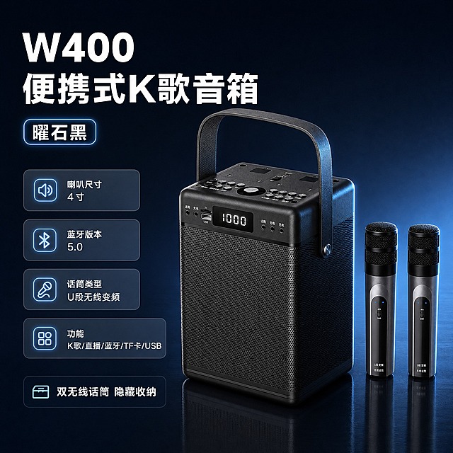[主图-SKU1] 黑色款SKU规格图，展示黑色W400音箱+双话筒全套产品及核心规格参数。
[统一基调] 风格=3C数码科技商业摄影风；主色=深蓝灰；背景=深蓝灰渐变+深色反光地面；强调色=霓虹蓝；标题字=粗黑无衬线白色大字；正文字=简洁无衬线浅灰色；组件=圆角半透明信息卡、细线引线；光影=左前侧冷光+右侧轮廓光。
[画面] 使用【图2】黑色款W400便携式K歌音箱+双无线话筒；保留产品黑色箱体、网面纹理、顶部按键面板、数字显示屏显示1000、皮质提手、双话筒黑灰渐变机身与网头结构，不改变产品原貌。产品位于画面右侧占55%，音箱正面30°展示，双话筒竖直并排于音箱右侧，底部有反射地面。左侧为规格参数信息区。
[光影质感] 商业摄影质感，主光左前侧45°照射，产品右侧有蓝色轮廓光，网面纹理清晰，金属话筒有高光，底部接触阴影自然。
[配色] 深蓝灰渐变背景+霓虹蓝强调色+白色标题字+浅灰正文，产品保持黑色原色。
[文字版式] 左上角主标题"W400便携式K歌音箱"，下方标签"曜石黑"，规格参数分4行："喇叭尺寸 4寸""蓝牙版本 5.0""话筒类型 U段无线变频""功能 K歌/直播/蓝牙/TF卡/USB"，底部"双无线话筒 隐藏收纳"。文字全部横排左对齐，不遮挡产品。
[输出要求] 比例1:1，2K，文字清晰可读，产品清晰完整，负向提示：避免产品变形、颜色改变、结构缺失、文字模糊、错字、白底、悬浮、水印。