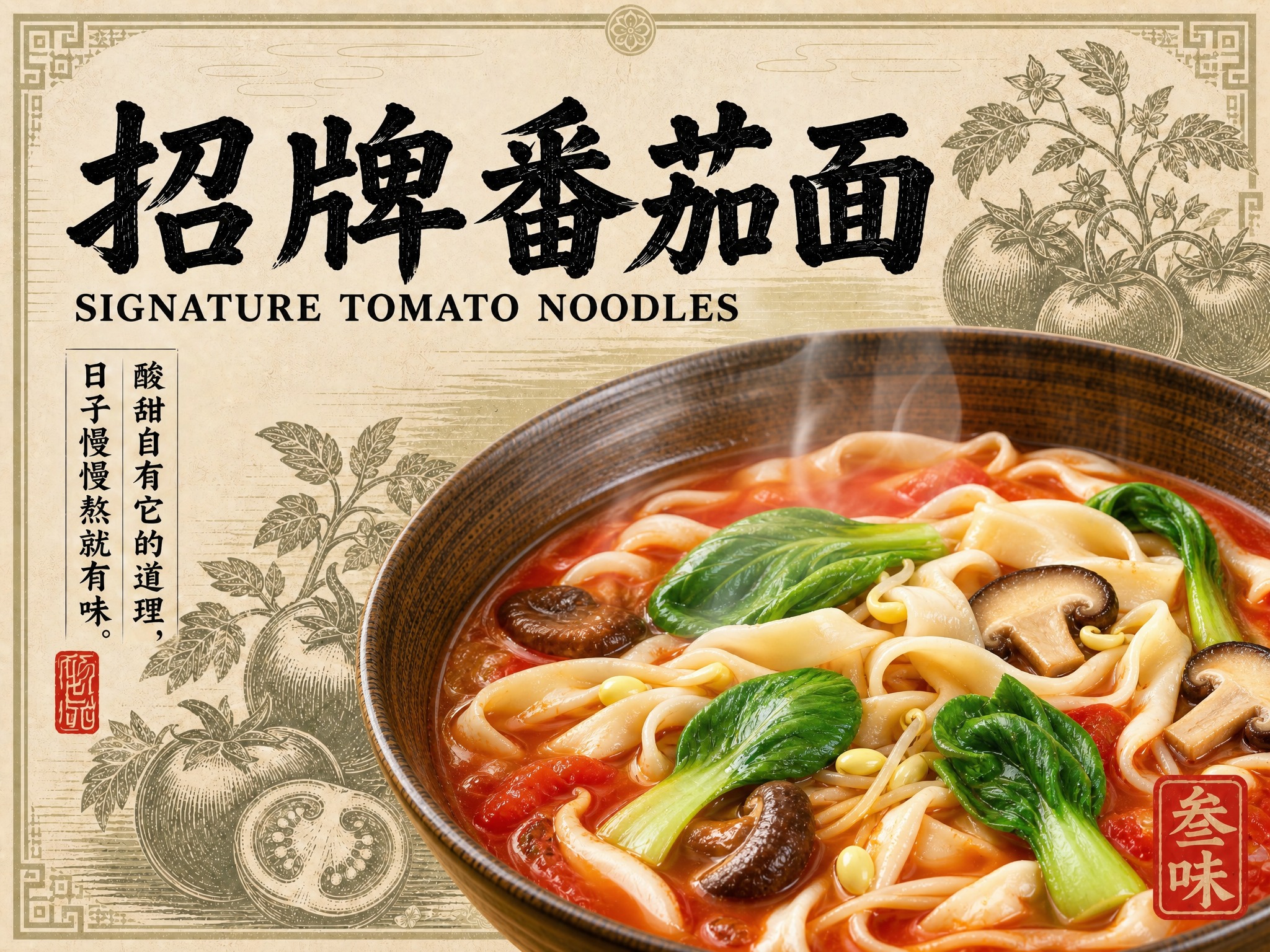 以第一张海报（叁味番茄面）为底图和版式基础：保留其浅色雅致版画… - 图片创意预览