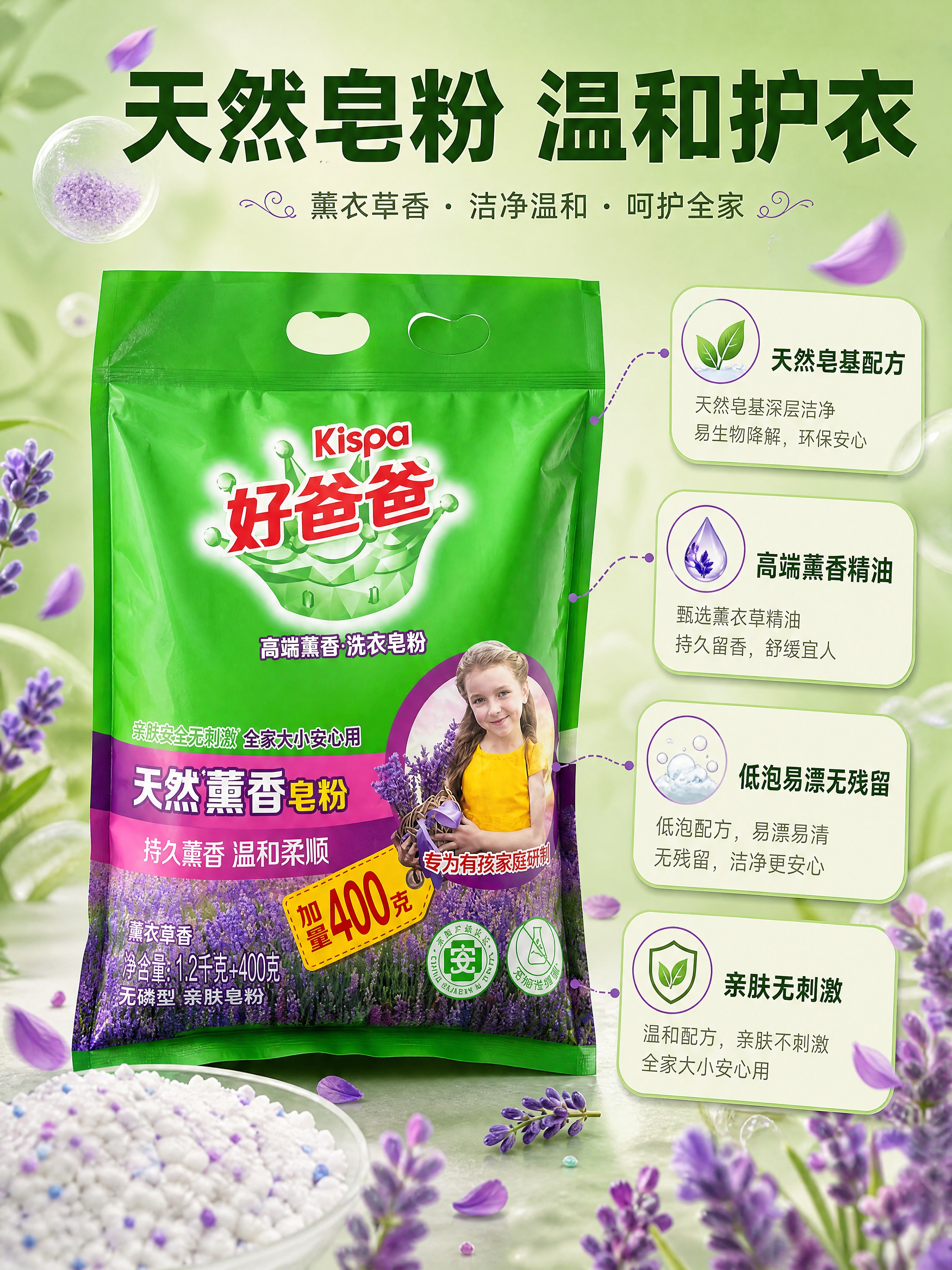 [商品] 使用【图1】好爸爸天然薰香皂粉产品；保留绿色包装、品… - 图片创意预览