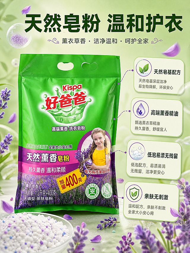 [商品] 使用【图1】好爸爸天然薰香皂粉产品；保留绿色包装、品牌Logo、包装全部文字图案、产品结构颜色比例不变。
[画面] 目标为成分功效卖点拆解；产品主体居中偏左占画面55%，右侧与右侧引线标注4个核心卖点；背景为柔和渐变草绿色背景，点缀薰衣草花瓣与皂粉颗粒微观元素；中景产品袋正面展示，周围悬浮卖点信息卡分布右侧；阅读动线从产品向四周发散。
[视觉] 套系策略：风格=温馨洁净家居商业摄影风；标题字=粗黑体；正文字=简洁黑体；主色=清新草绿；背景延展=基于草绿做深浅层级、同色渐变与柔和自然光感；强调色=薰衣草紫，仅用于小面积图标、引线和标签；标题色=深墨绿；正文色=中暖灰；组件=圆角浅底信息卡、细线引线、图标点缀；光影=左前侧暖柔光。
[文字] 顶部主标题「天然皂粉 温和护衣」，4个引线卖点：天然皂基配方、高端薰香精油、低泡易漂无残留、亲肤无刺激；文字横向排版，不遮挡产品主体。
[规格] 图片比例3:4竖版，4K分辨率，负向提示：避免变形、错字、文字过小、冷蓝灰背景、包装文字错乱、医疗化承诺、绝对化用语。