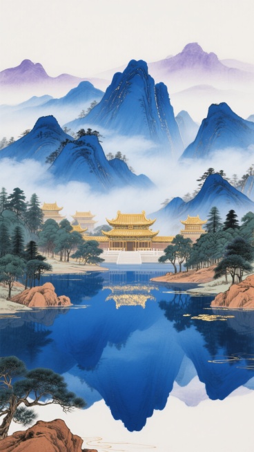 新中式风格山水插画，以大面积靛青色渲染云雾缭绕的层叠山峦，点缀苍翠墨绿的松林与赭石色岩石，中央湖面呈现深邃孔雀蓝并倒映着金色飞檐的古典宫殿群，远山用淡紫色渐变虚化处理，整体采用水墨晕染技法结合工笔勾勒线条，营造宁静悠远的东方意境，保留留白布局与对称构图，色彩转变为青蓝主调搭配金箔点缀的雅致配色方案。预览效果