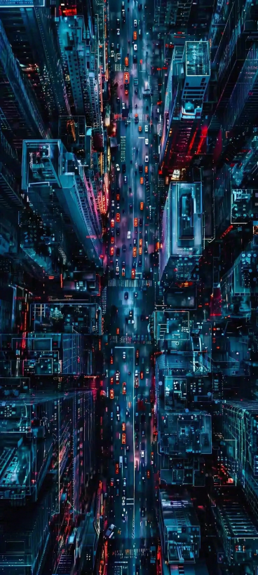 参考该图片的赛博朋克俯拍城市道路风格，重新生成画面内容，移除所有水印预览效果