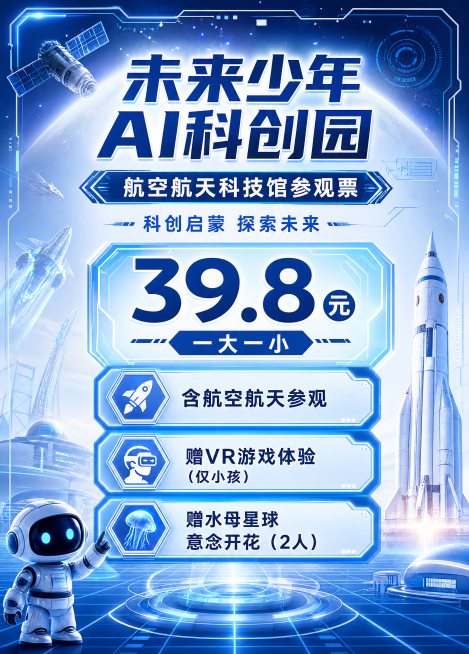 科技科幻风格海报，未来少年AI科创园价目表展架，主标题“未来少年AI科创园”，副标题“航空航天科技馆参观票”，装饰文字“科创启蒙 探索未来”，卖点文案：“39.8元”、“一大一小”、“含航空航天参观”预览效果