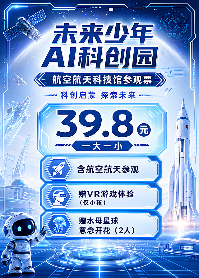 科技科幻风格海报，未来少年AI科创园价目表展架，主标题“未来少年AI科创园”，副标题“航空航天科技馆参观票”，装饰文字“科创启蒙 探索未来”，卖点文案：“39.8元”、“一大一小”、“含航空航天参观”、“赠VR游戏体验（仅小孩）”、“赠水母星球意念开花（2人）”，版式精美，构图整洁，蓝白冷色调科技风，符合科创主题，所有文字清晰可见，四边留足安全边距，文字不贴边，层级分明，超高清4k画质